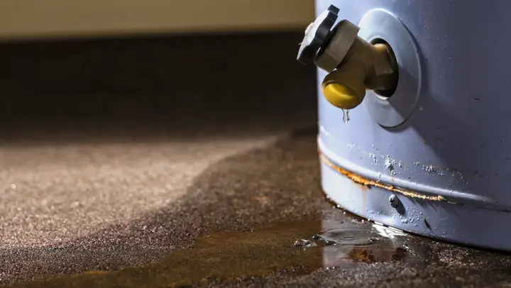 Water dripping from a valve at the base of a water heater onto the floor
