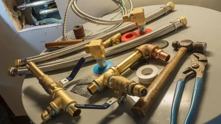 New water heater fittings, hoses and tools laid out for an install